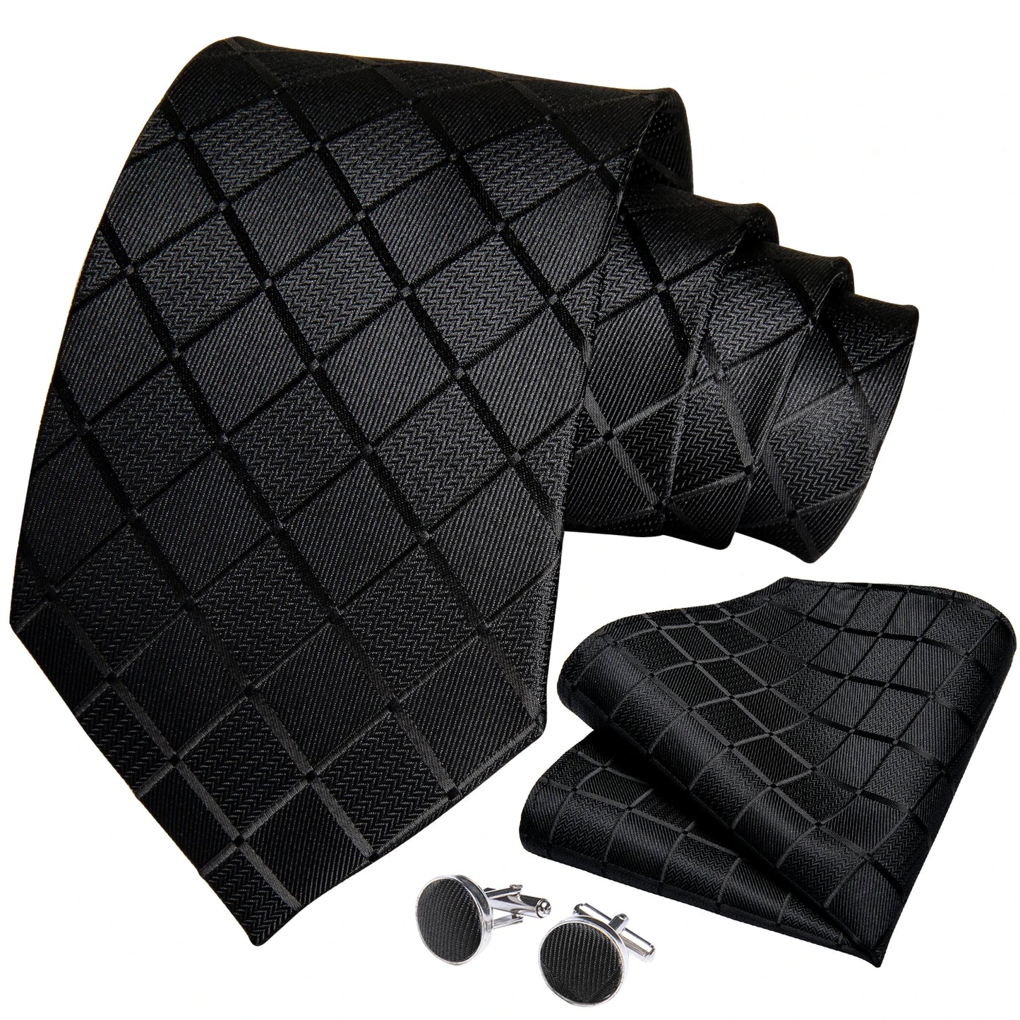 Solid Black Plaid Men's 8cm Polyester Neck Tie Handkerchief Cufflinks Set with Gift Box Tie Clip Birthday Anniversary Gift
