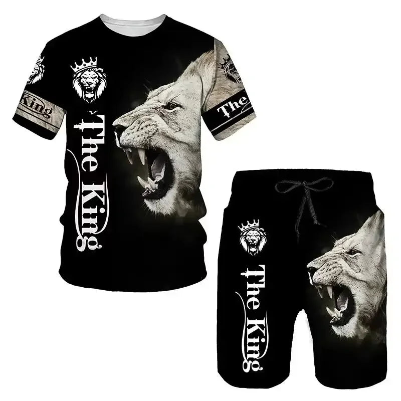 Men's Outdoor Printed T-shirt Shorts 2-piece Set 3D Printed O-neck Fashionable Men's Casual Breathable and Comfortable Set