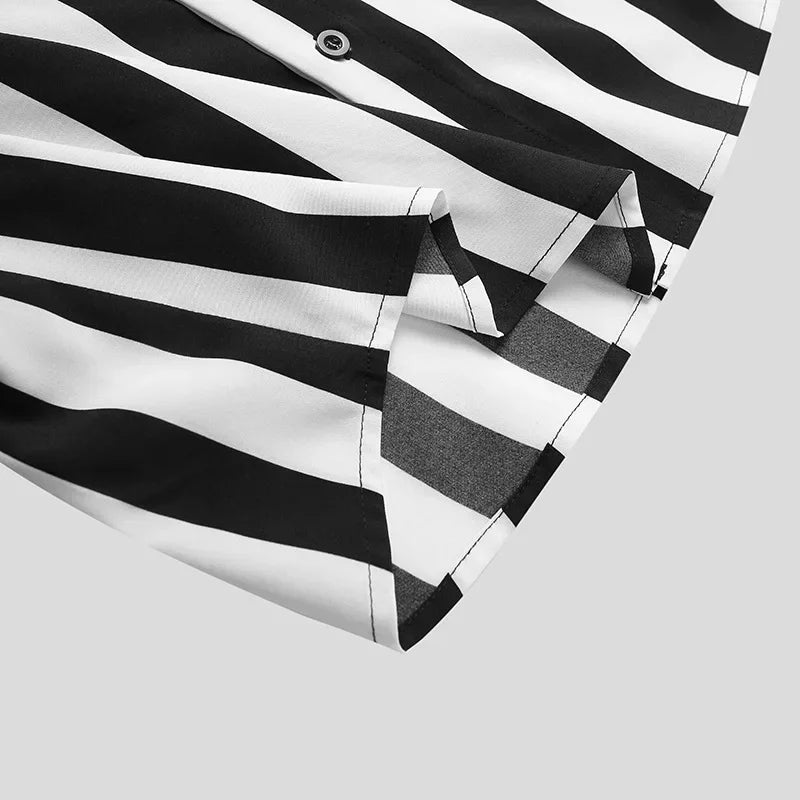 Summer casual new men's shirts, fashionable striped short-sleeved T-shirts, stand-up collar, versatile and trendy men's clothing