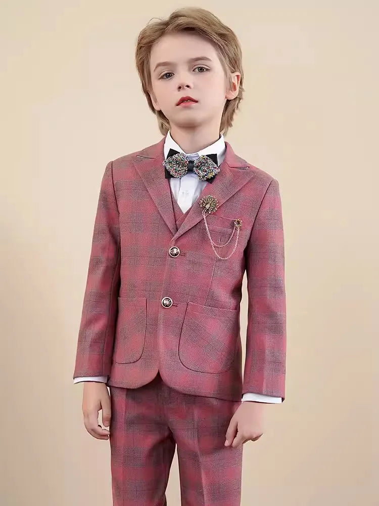 Children Red Jacket Vest Pants 3PCS Photograph Suit Boys Wedding Dress Prince Kids Tuxedo Set Teenager Birthday Party Costume
