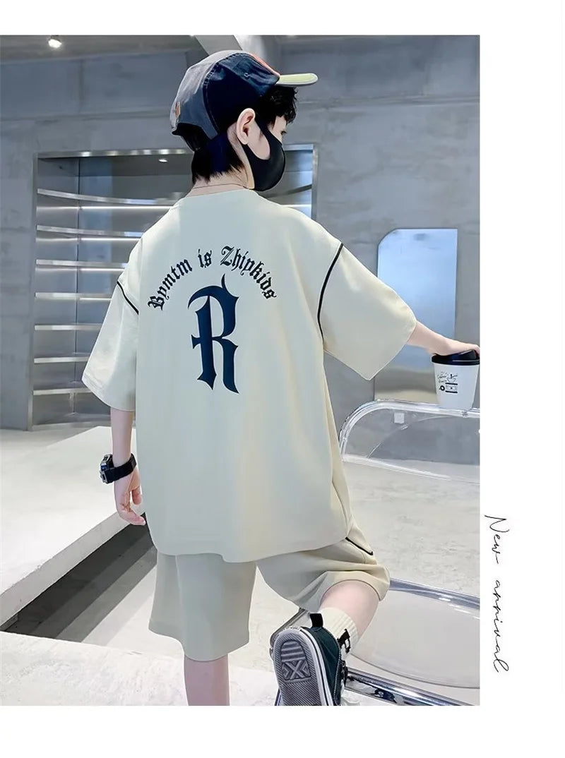 Boys Loose Casual Clothing Sets Summer Big Kids Sportwear Suits Short Sleeve Tops+Shorts 2Pcs Children Fashion Outfits 5-14 Year