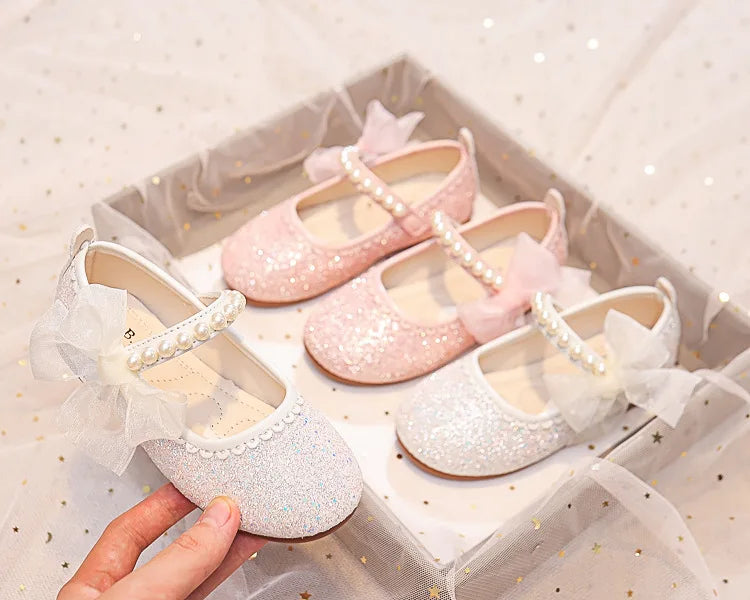 Girls Oxfords Bling Shoes Spring Autumn Kids School Dancing Shoes Pearl Beadings Big Girls Soft PU Leather Shoes Pink, Beige
