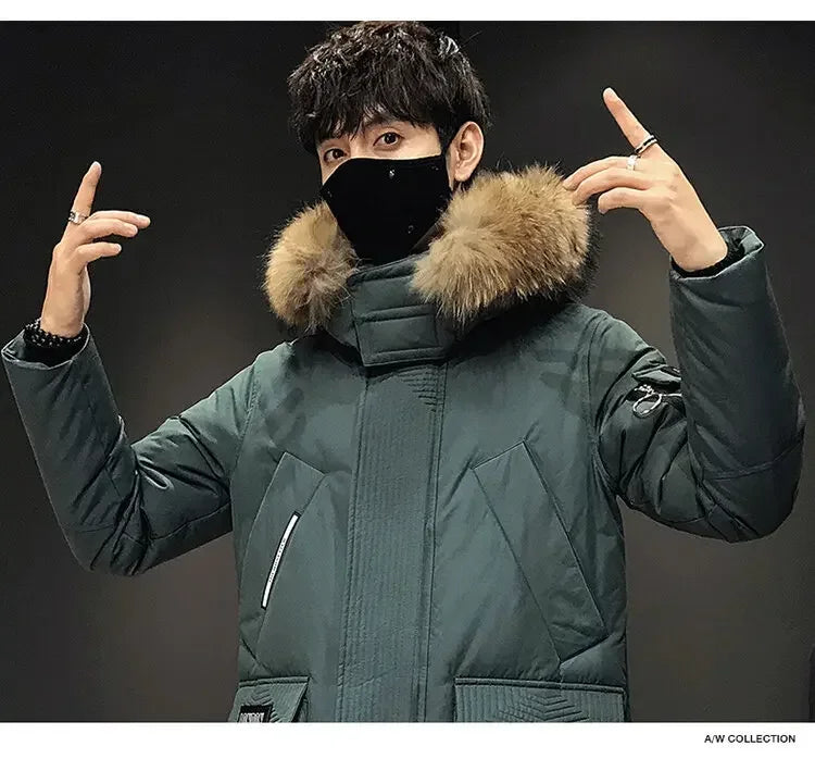 Men's Thickened Down Jacket Hooded Faux Fur Collar Winter Long Parka Jacket Outdoor Street Fashion Jacket Men's Clothing 2024