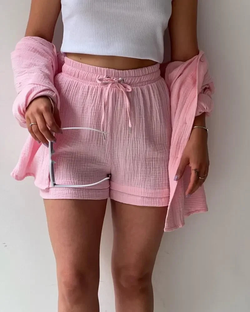 Short Sets Women Tracksuit Single Breasted Cardigan Blouses Two Pieces Shorts Loose Button High Street Solid Pockets Folds