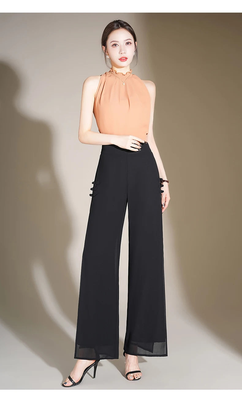 ZUZK Slit Chiffon Long Pants Summer Comfortable Elastic Waist Slim Double Layer Chiffon Pants Chic Droop Chinese Style Pants