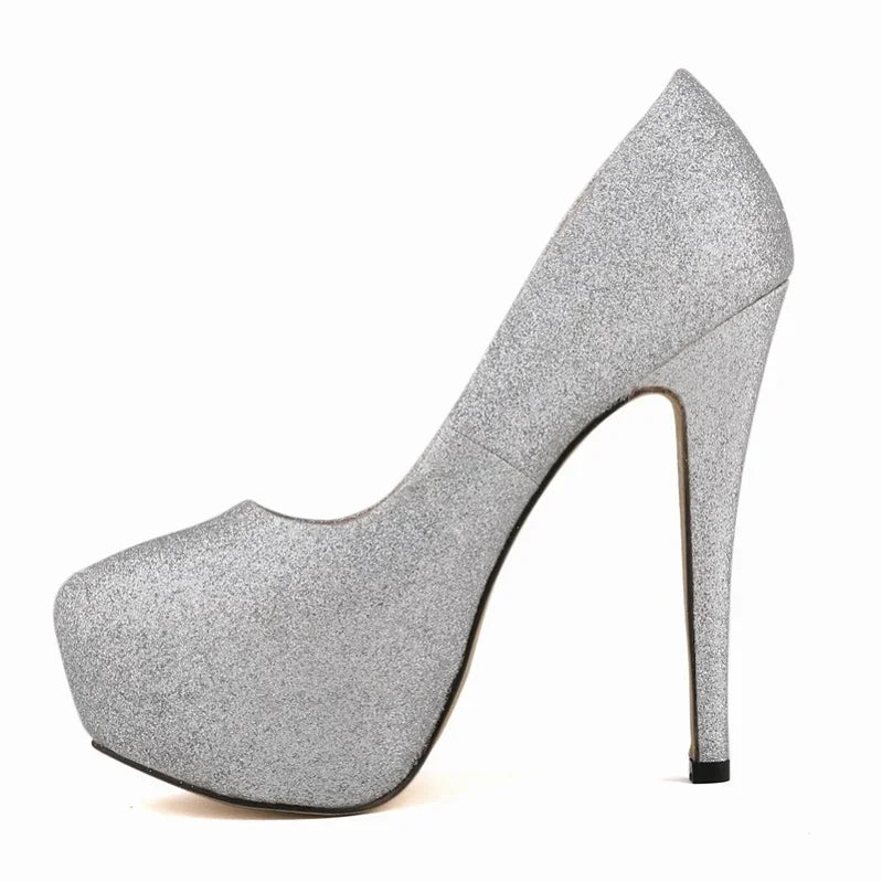 LOSLANDIFEN Sexy Women Pumps Ultra High Heels Glitter Gold Shoes 14cm Platform Round Toe Ladies Wedding Party 817-1Gitter