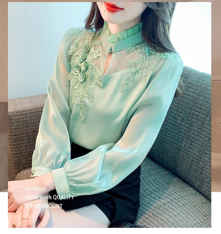 H Han Queen Elegant Autumn Shirt Embroidery Beads Chiffon Simple Office Blouse Loose Tops Long Sleeve Casual Blouses Women