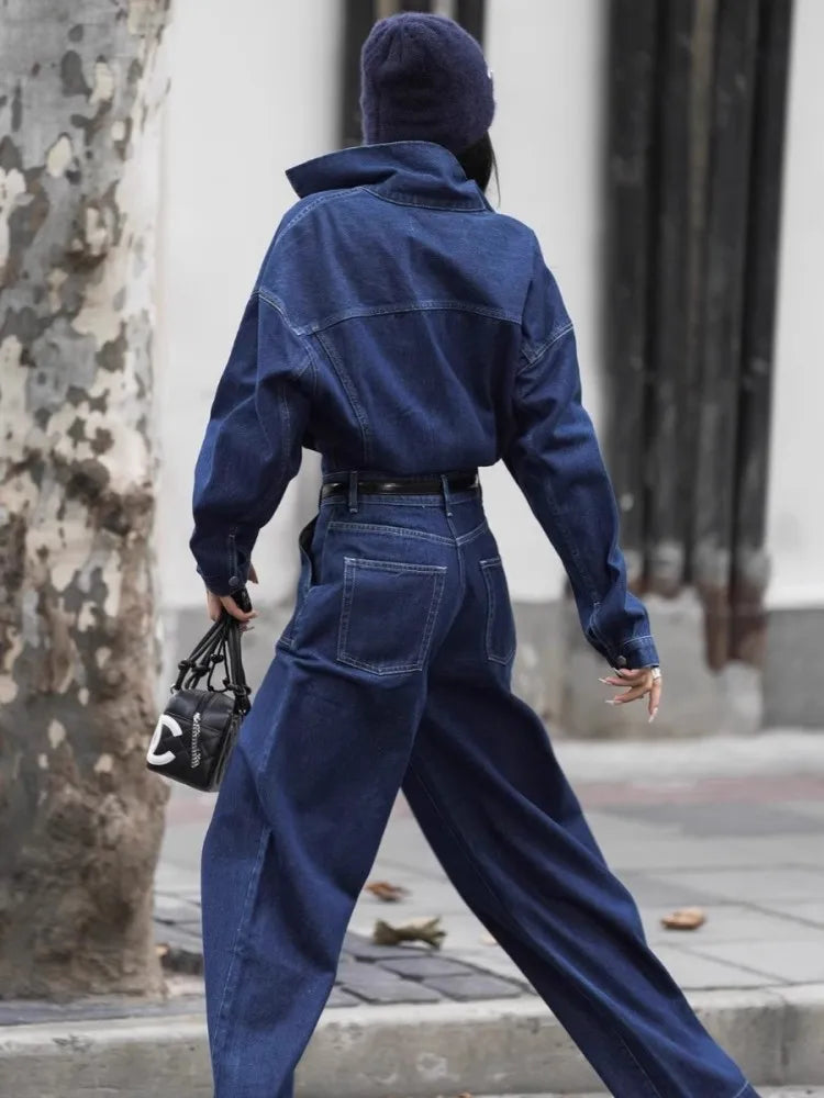 Blue Design Denim Jumpsuit Women'S Spring And Autumn Collar Fashionable Workwear Large Pocket Loose Pants