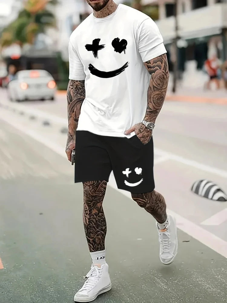 Men's Summer Short Sleeve Set Hip Hop Cartoon Bear Print Short Sleeve Top Shorts Casual Two-piece Outdoor Urban Street Fashion