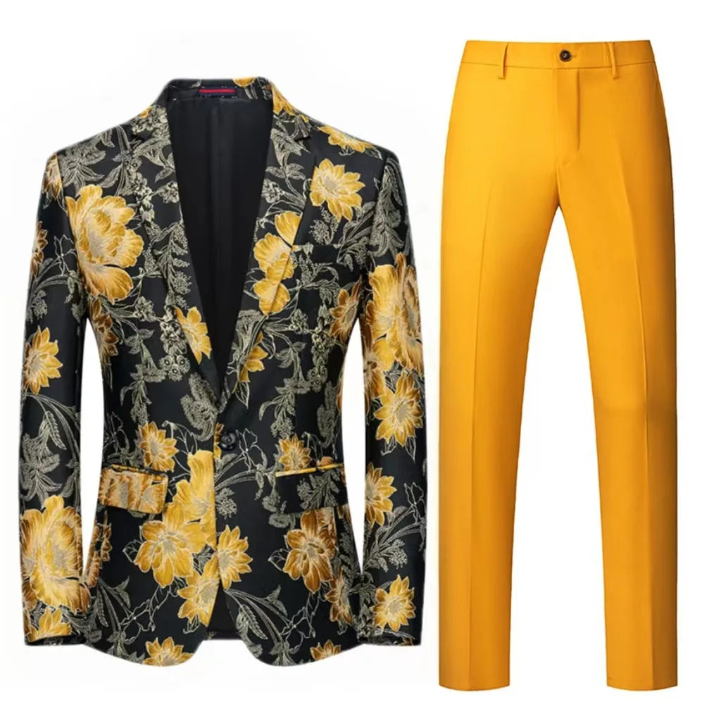 Men Suit 2 Pieces Orange Flower Pattern One Button Business Casual For Wedding Birthday Party Set Jacket And Pants