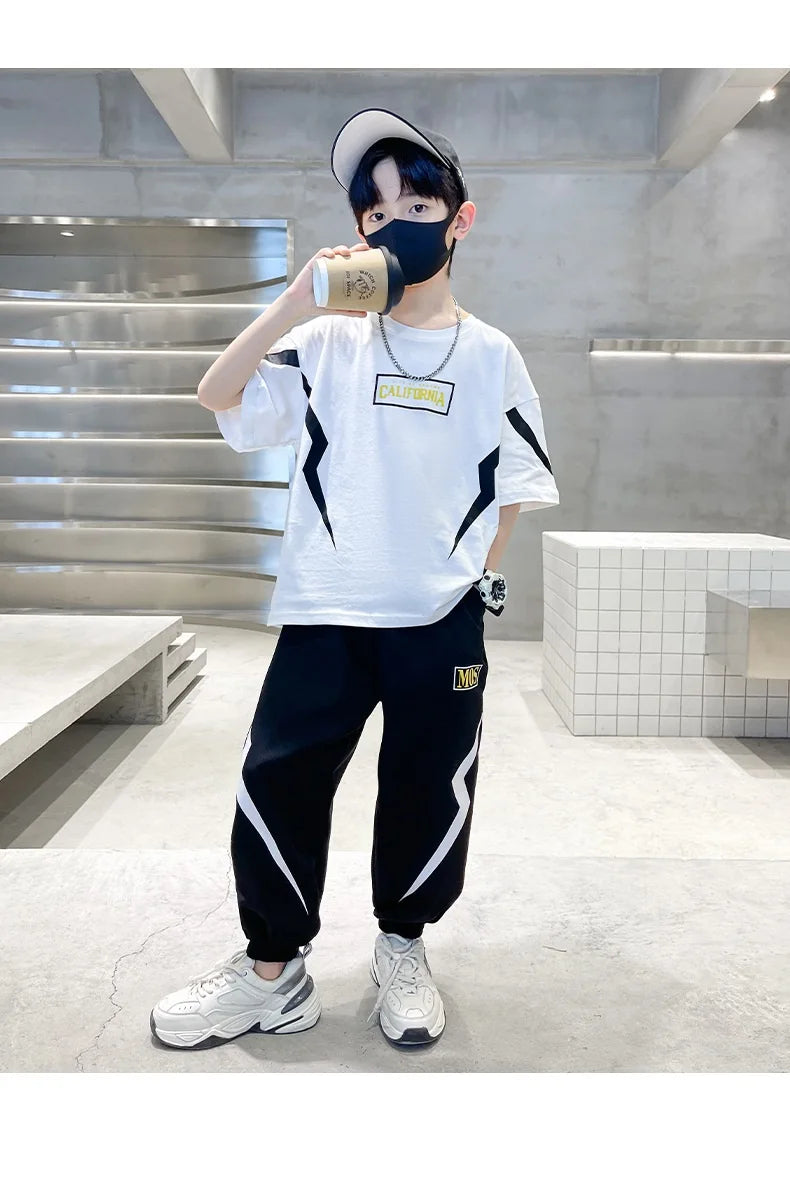 Summer Boys Cotton Alphabet Lightning T-Shirt Tops+Sweatpant School Kids 2PCS Tracksuit Child Jogger Outfit Workout Set 5-14 Yr