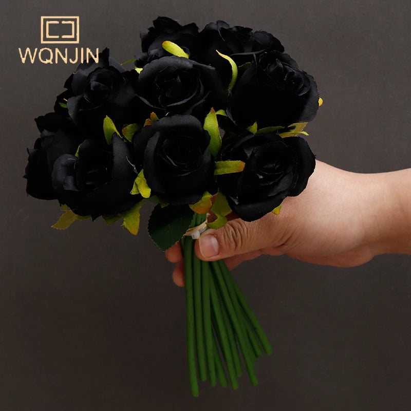 WQNJIN Artificial Flower Bouquet 12 Heads Silk Rose Blue Flower Fake Rose Bunch Wedding Party Home Table Gift Decoration