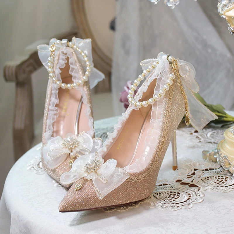 Lolita High Heels One Night Story Lolita Shoes Shiny Pointed High Heels Flower Wedding Ceremony 18 Year Old Slim Heels