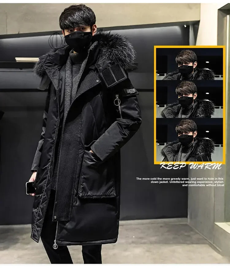 Men's Thickened Down Jacket Hooded Faux Fur Collar Winter Long Parka Jacket Outdoor Street Fashion Jacket Men's Clothing 2024