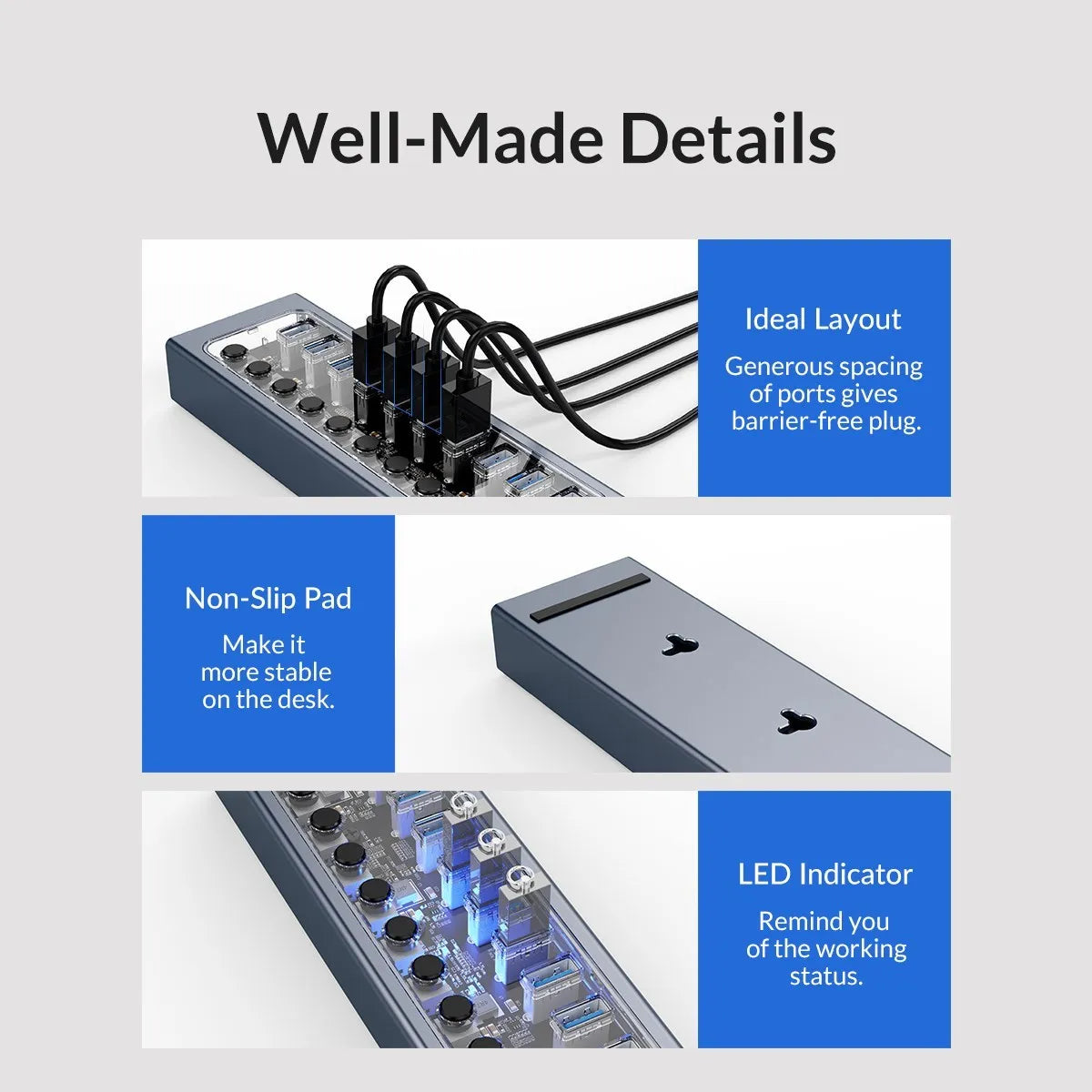 ORICO Aluminum Powered USB3.0 HUB 7/10 Ports USB Extension with Switches 12V Power Adapter Support BC1.2 Charging Splitter