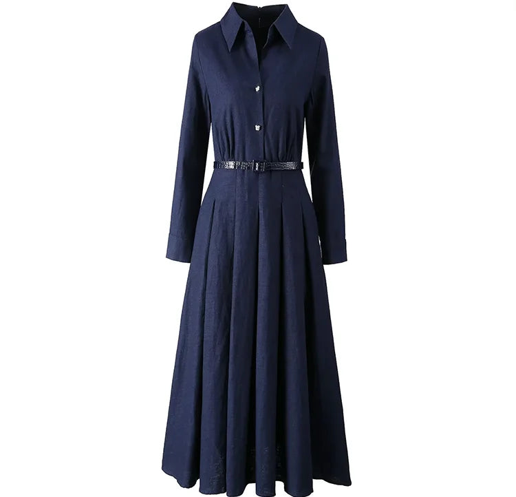 LD LINDA DELLA Elegant Commuter Solid Color Women's Dress Autumn Winter Turn-Down Collar Lace-UP linen long sleeves Dresses