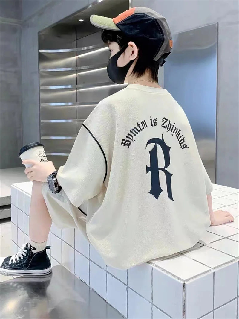 Boys Loose Casual Clothing Sets Summer Big Kids Sportwear Suits Short Sleeve Tops+Shorts 2Pcs Children Fashion Outfits 5-14 Year