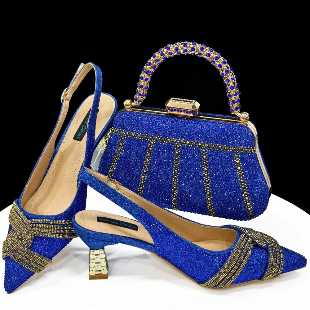 Venus Chan 2024 Special Design High Quality Orange Color African Women Shoes and Bag Set with Shinning Crystal for Wedding Party
