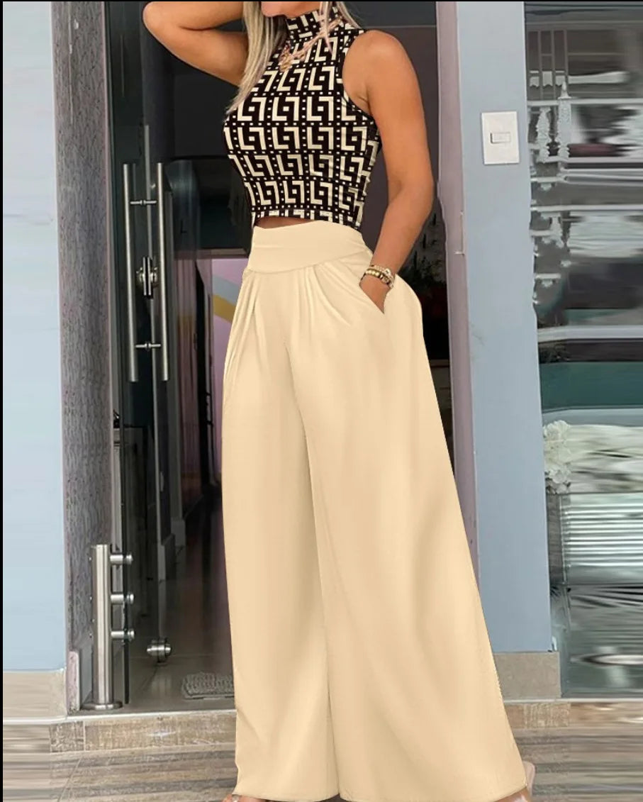 Summer Clothes Women 2024 Women Clothin Print Two-piece Set, Smooth Sleeveless T-shirt, Wide Leg Pants, 2024 Fashion Clothing