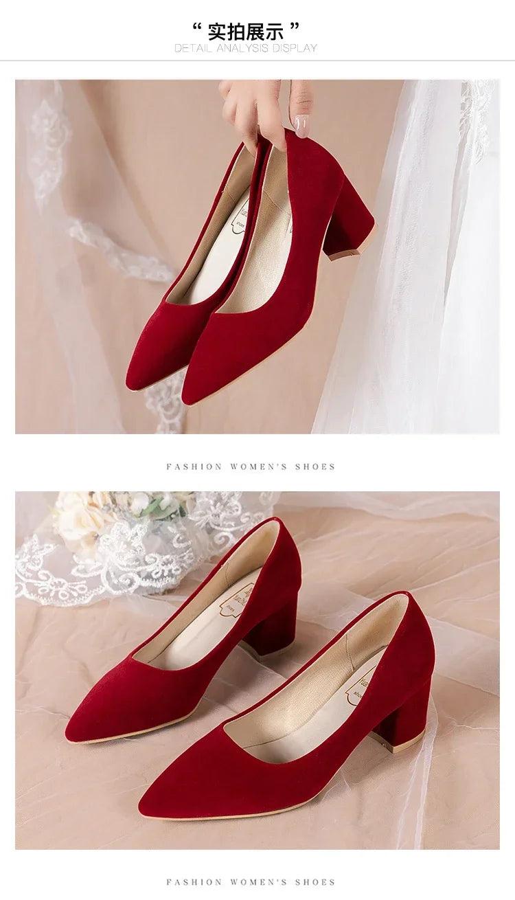 French Red Wedding Shoes for Women 2024 Spring/Summer/Autumn New Pointed Thick Heels Not Tiring Feet Bride Shoes