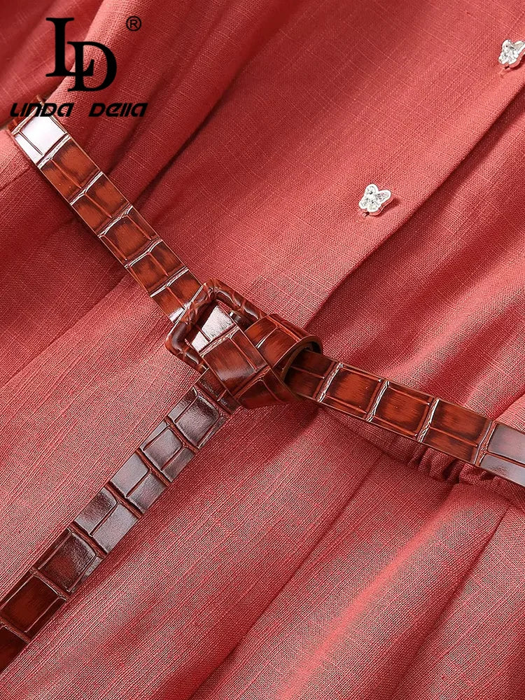 LD LINDA DELLA Elegant Commuter Solid Color Women's Dress Autumn Winter Turn-Down Collar Lace-UP linen long sleeves Dresses