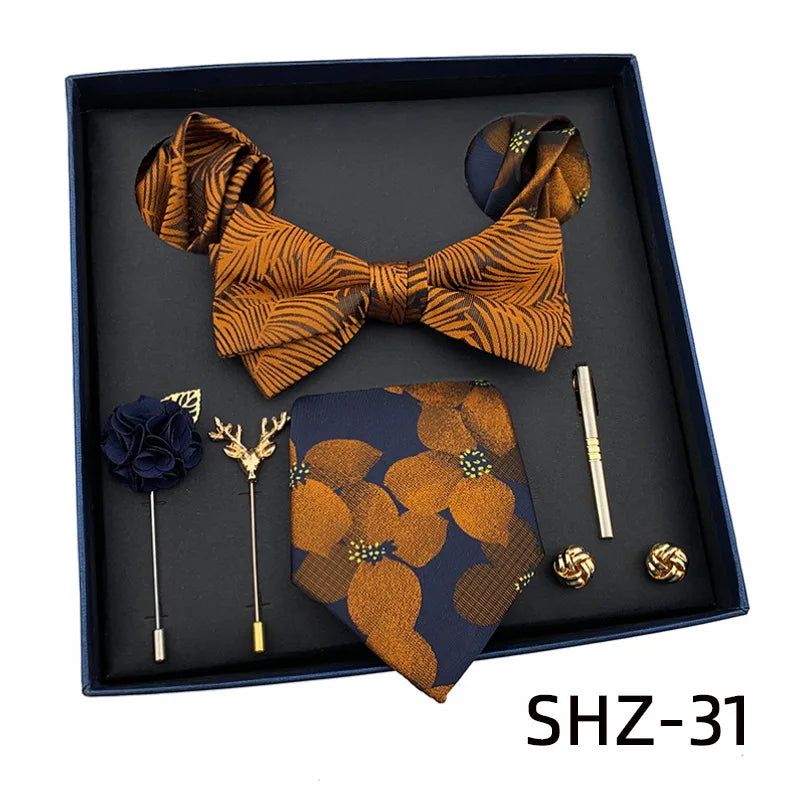 Vintage Green Men's Tie Set Luxury Neck Ties For Wedding Gift Bowtie Handkerchief Cufflinks Tie Clip Brooch Set For Male Necktie