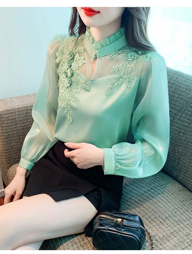 H Han Queen Elegant Autumn Shirt Embroidery Beads Chiffon Simple Office Blouse Loose Tops Long Sleeve Casual Blouses Women
