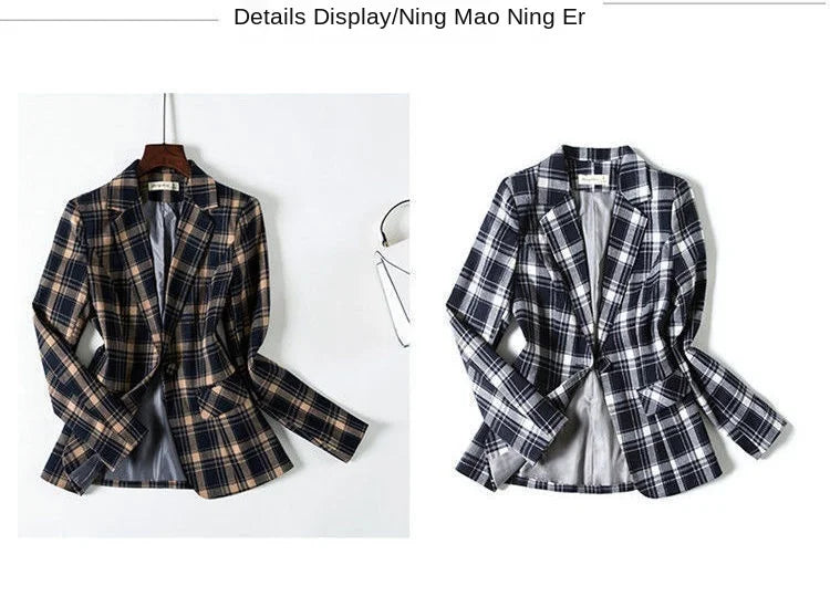 PEONFLY Vintage Casual Plaid Blazer Women Fashion Single Button Office Ladies Jacket Coat Notched Collar Long Sleeve Jacket 2023