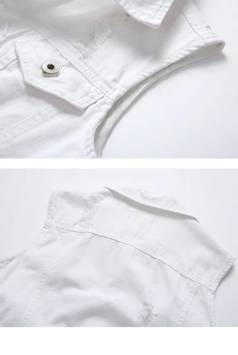 Summer Mens Ripped Denim Vest Male Tank Top Washed Jeans Waistcoat Man Retro Cowboy Hip Hop White Sleeveless Jacket