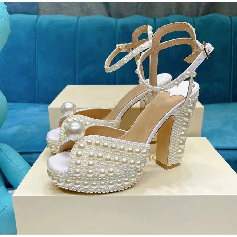 Fully Handmade Luxury Pearls Thick Heeled Peep toe Women Sandals Summer Fashion Platform Wedges High heels Wedding Banquet Shoes