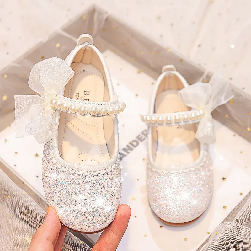 Girls Oxfords Bling Shoes Spring Autumn Kids School Dancing Shoes Pearl Beadings Big Girls Soft PU Leather Shoes Pink, Beige