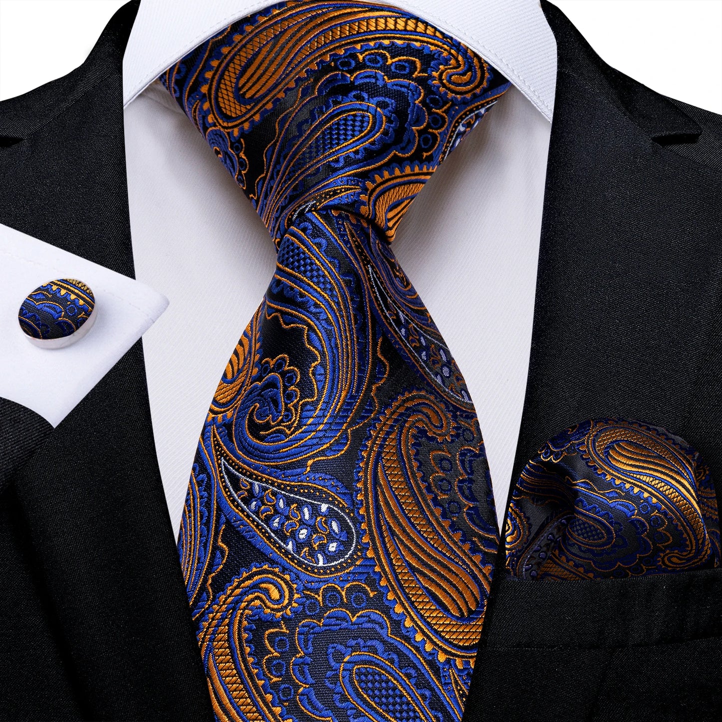 Royal Blue Paisley Plaid Striped Men tie Set with Handkerchief Cufflinks Wedding Prom Groom Accessories Perfect Gift for Men