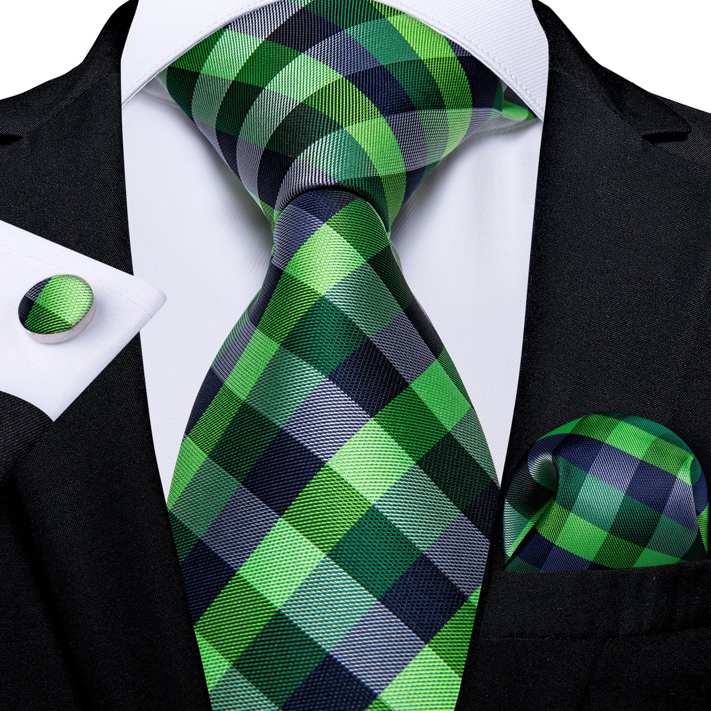 Solid Black Plaid Men's 8cm Polyester Neck Tie Handkerchief Cufflinks Set with Gift Box Tie Clip Birthday Anniversary Gift