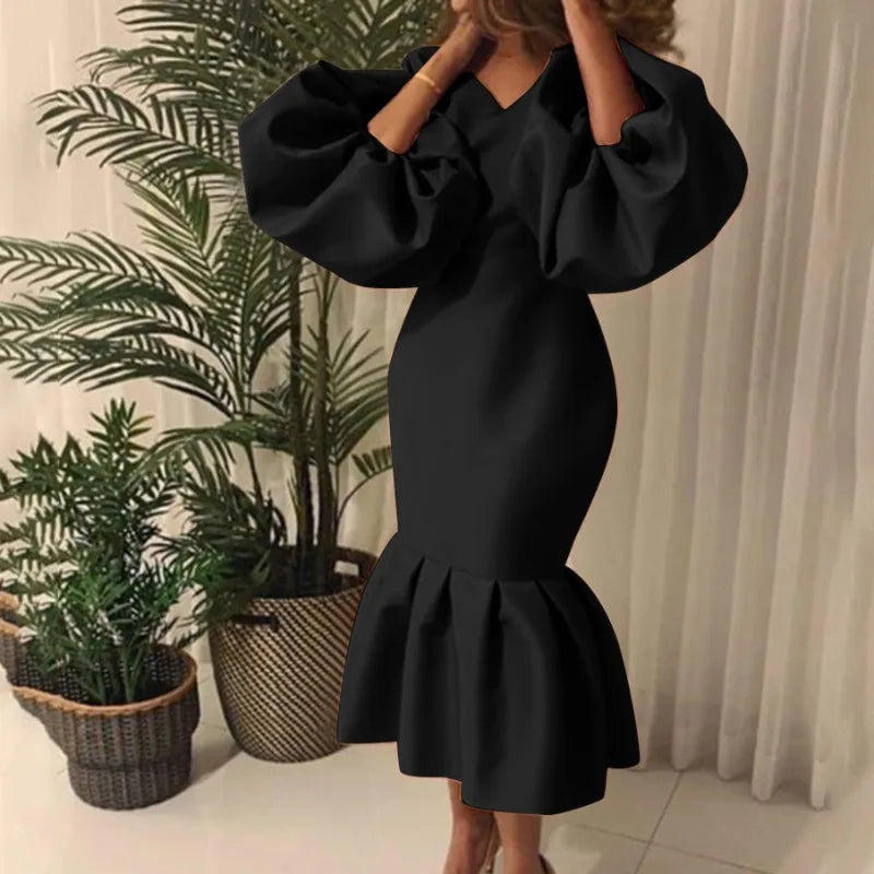 African Women's Fashion Solid Color V-neck Bubble Long-sleeved Fishtail Skirt European and American Dress