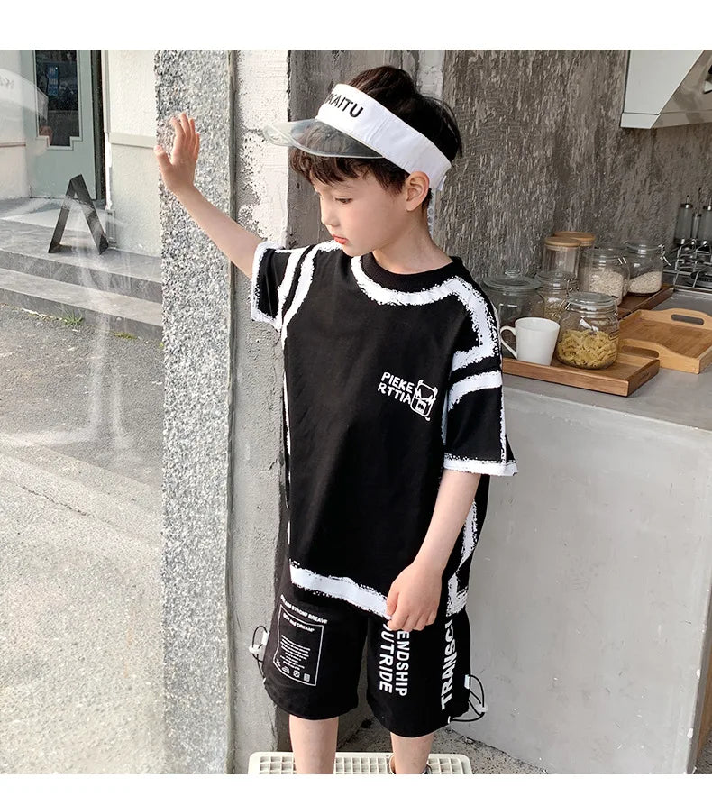 Summer Casual Boys Cotton Contrast Alphabet Graffiti t-Shirt Top+Shorts Pant Set School Kids Tracksuit Child 2PCS Outfit 5-14 Yr