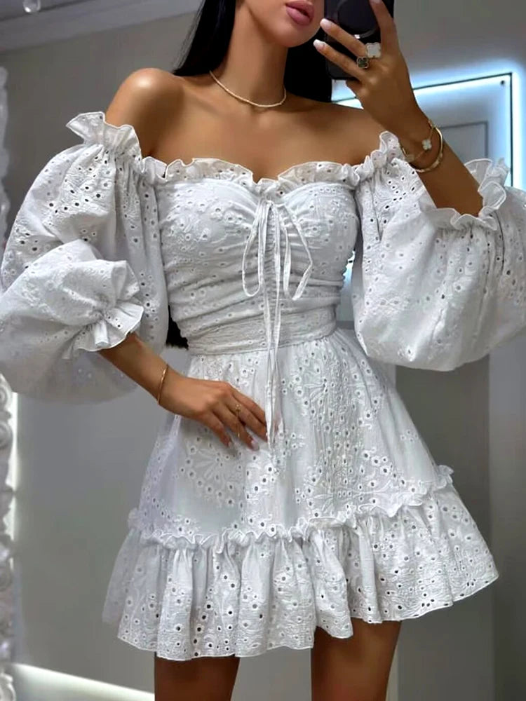 GypsyLady Off The Shoulder Sexy Mini Dresse Cotton Summer Elegant Hollow Out Ruffles Backless Women Vocation Casual Ladies Dress