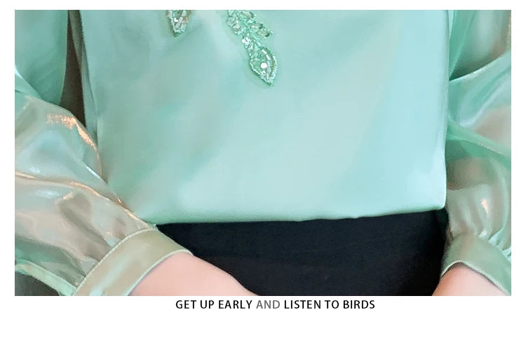 H Han Queen Elegant Autumn Shirt Embroidery Beads Chiffon Simple Office Blouse Loose Tops Long Sleeve Casual Blouses Women