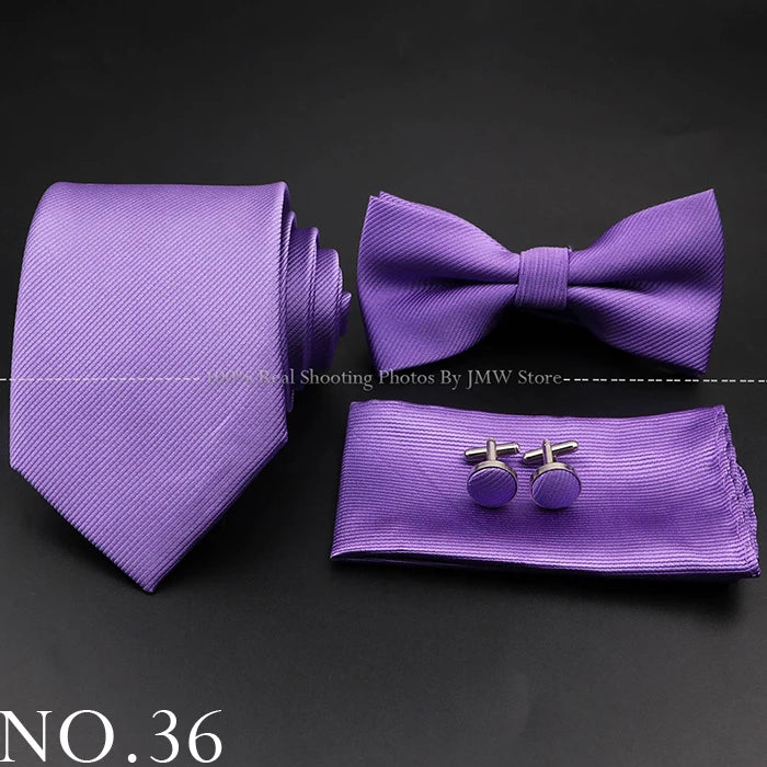 Hot Sale Red Blue Tie Set Polyester Slim Striped Necktie Bowtie Cufflink Brooch For Groom Suit Wedding Cravat Shirt Accessory