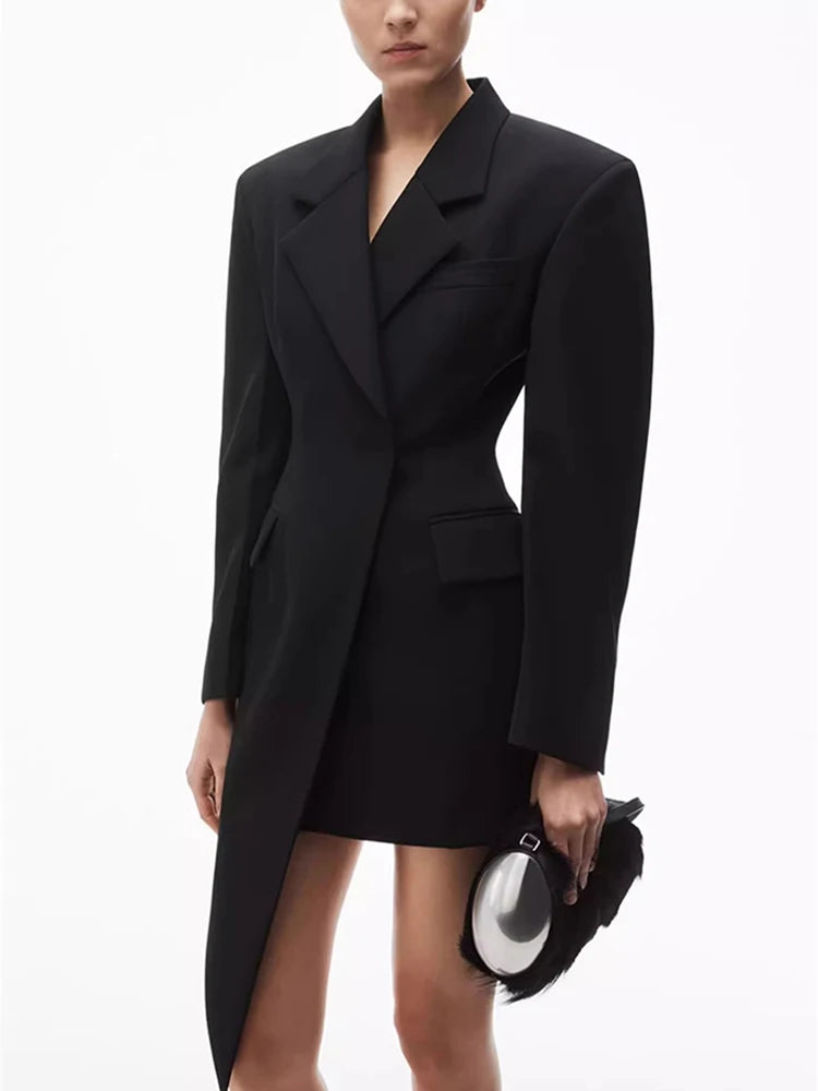 TWOTWINSTYLE Solid Minimalist Blazer For Women Notched Collar Long Sleeve Patchwork Pockets Irregular Coat Female Fashion Style