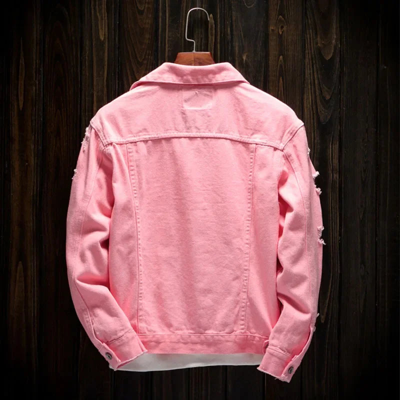 Men Pink Denim jackets Outerwear Jean Coats New Spring Autumn Men Holes Jena Jackets Men Slim Denim Jackets Size 4XL