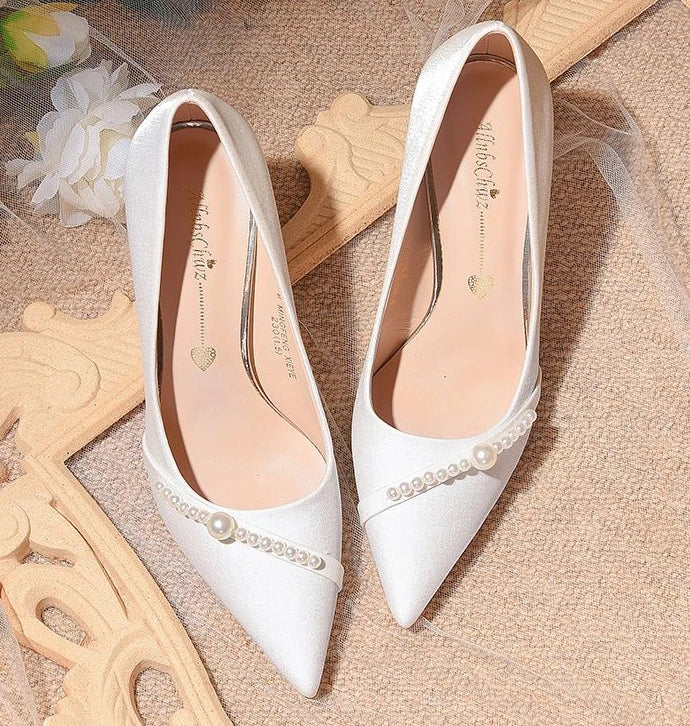 Women's Summer Footwear Bride Pumps Shoes for Woman 2024 Wedding Shoe on Heeled Pointed Toe Pearl Stilito High Heels Popular 39