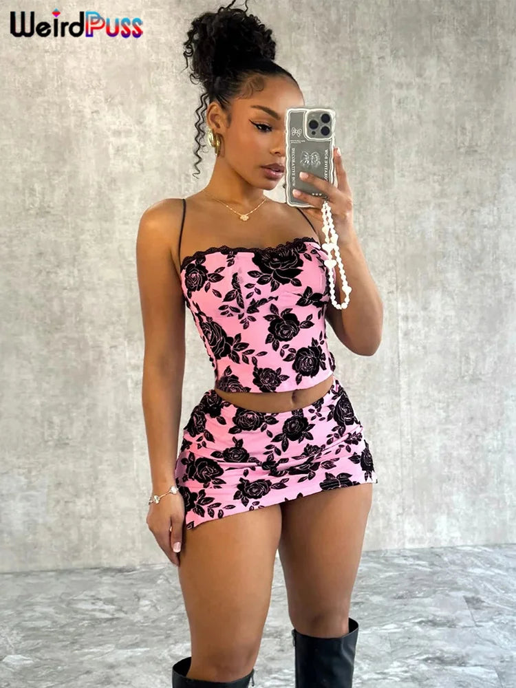 Weird Puss Flower Print Women 2 Piece Set Elegant Summer Trend Lace Bow Camisole+Peach Hip Skirts Matching Streetwear Outfits