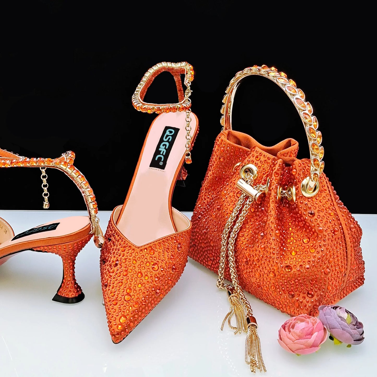 QSGFC New Gold Glitter Fabric Pointed Toe High Heels With A Variety Of Shapes Of Rhinestones Fashion Party Ladies Shoes And Bag