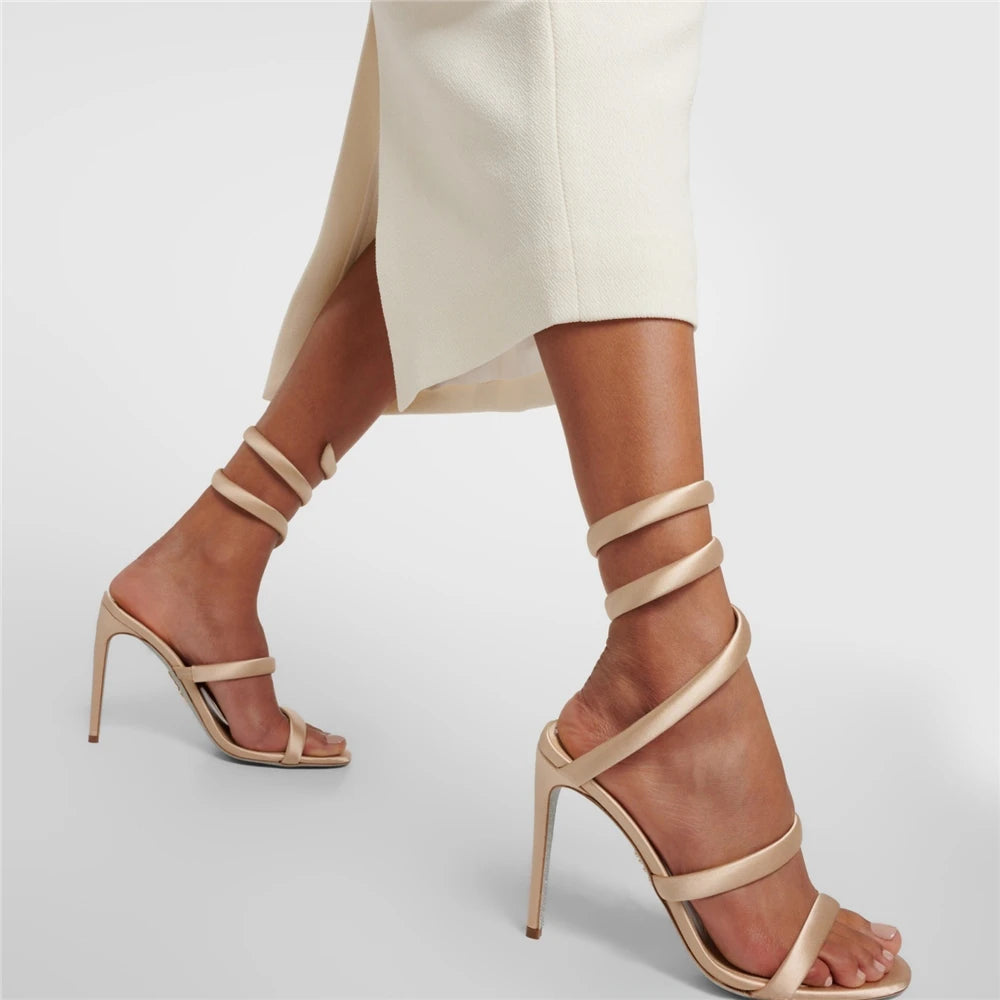 Summer new round toe silk ribbon snake-shaped wrapped sexy sandals thin high-heeled banquet dress large size women's shoes