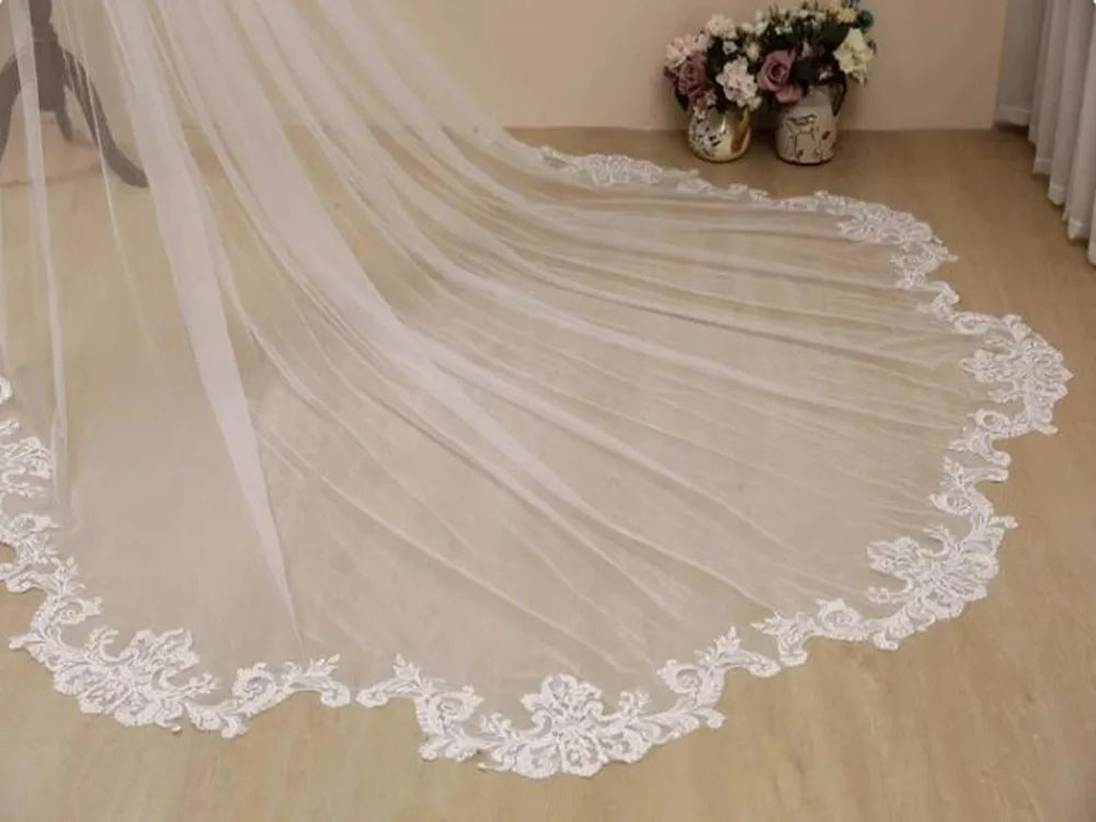 White Ivory 3M 4M 5M Lace Wedding Veil with Cathedral Long Bridal Veils Wedding Accessories velos de novia voile de mariée