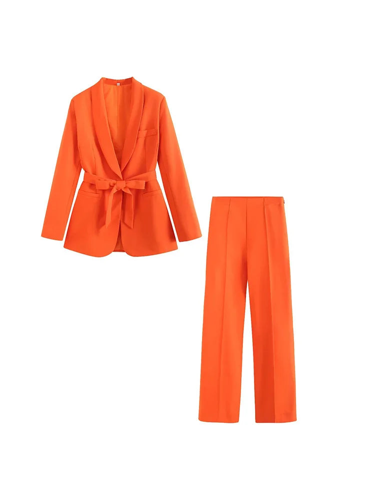2025 Spring Summer 2 pieces sets Fashion Blazers Coats ang Trousers Female Street Solid Sashes Bow Elegant Two Suits Clothing
