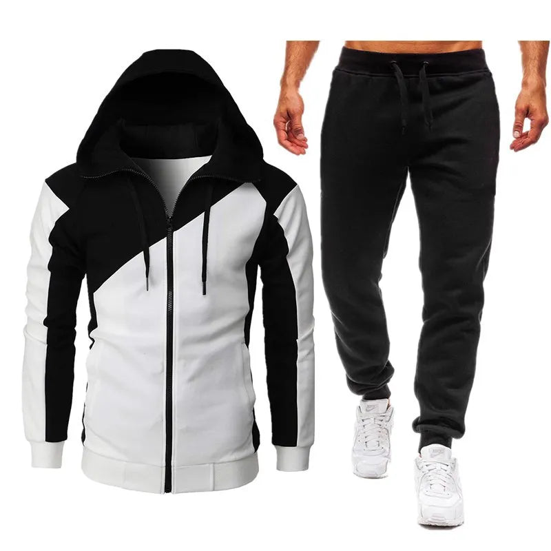 Men's Sets, Athletic two-tone patchwork jacket, long sleeves and long pants, hooded casual sports men's suit