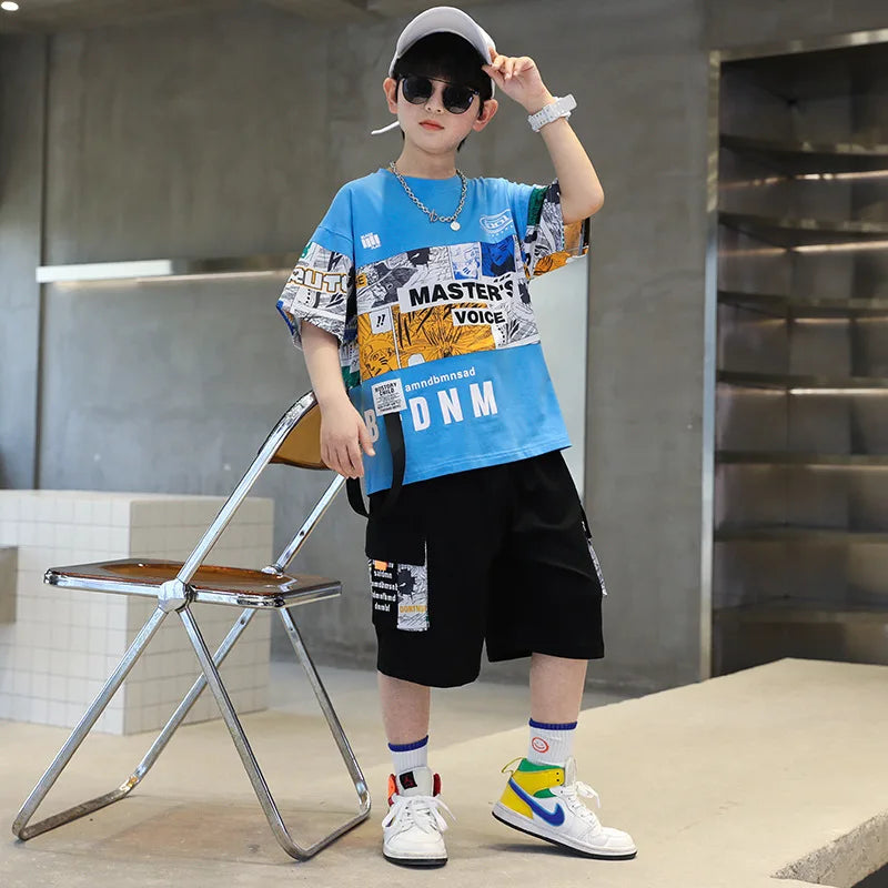 Summer Boys Cotton Alphabet Picture Printed T-Shirt Tops+Shorts Pant School Kids 2PCS Tracksuit Child Outfits Workout Set 3-16Yr