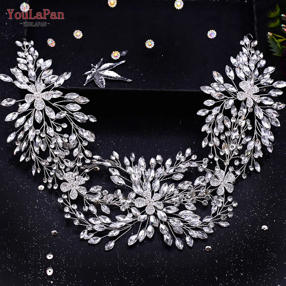 YouLaPan Luxury Wedding Headpiece Rhinestone Hair Vine for Bride Headwear Alloy Flower Headband Weding Hair Accessories HP390