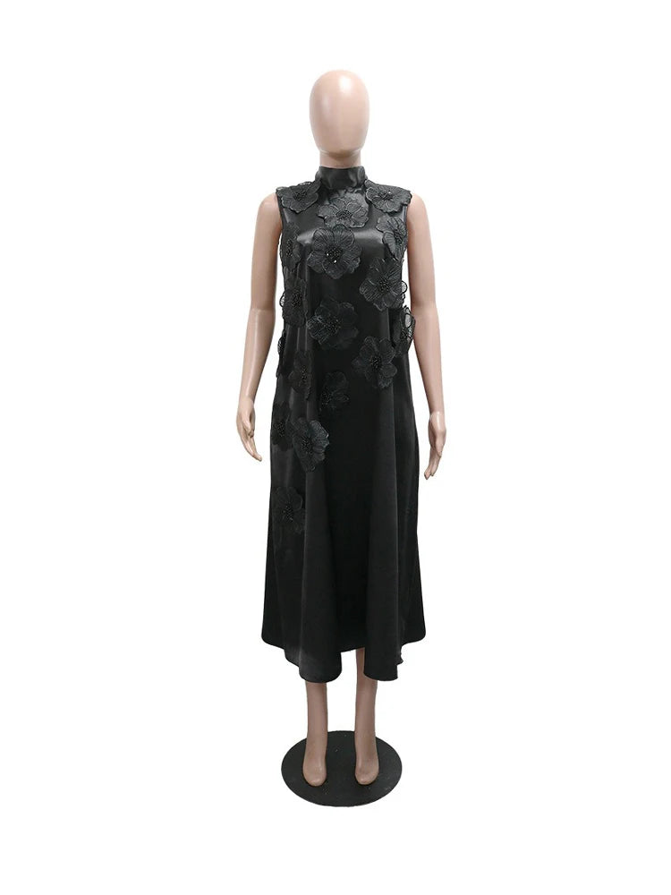 Woman African Traditional Dresses Summer Elegant Sleeveless Dress Stretchy Fake Silk Midi Dresses Luxury Wholesale Dropshipping